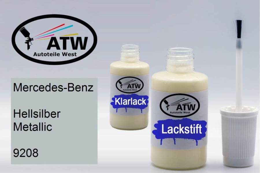 Mercedes-Benz, Hellsilber Metallic, 9208: 20ml Lackstift + 20ml Klarlack - Set, von ATW Autoteile West.